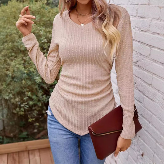 Damen Langarmshirt mit V-Ausschnitt und Rippstruktur R&B