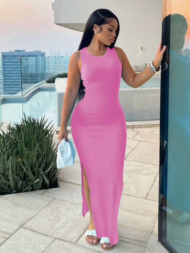Damen elegantes Maxikleid mit hohem Schlitz und figurbetontem Schnitt R&B