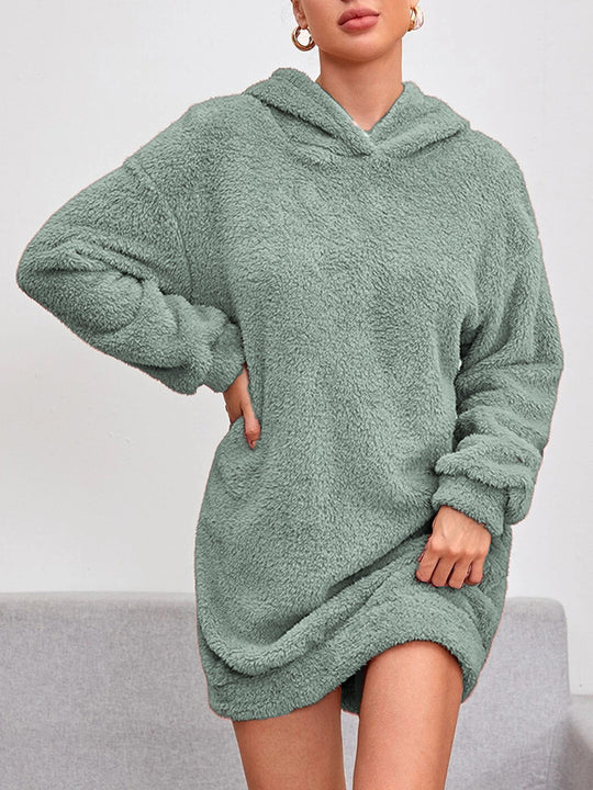 Damen Flauschiger Hoodie-Kleid mit Kapuze und praktischen Taschen R&B