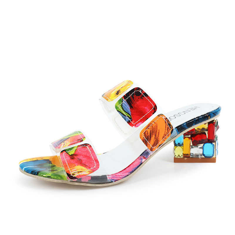 Damen Offene Mules mit dekorativen transparenten Riemen und farbenfrohem Blockabsatz R&B