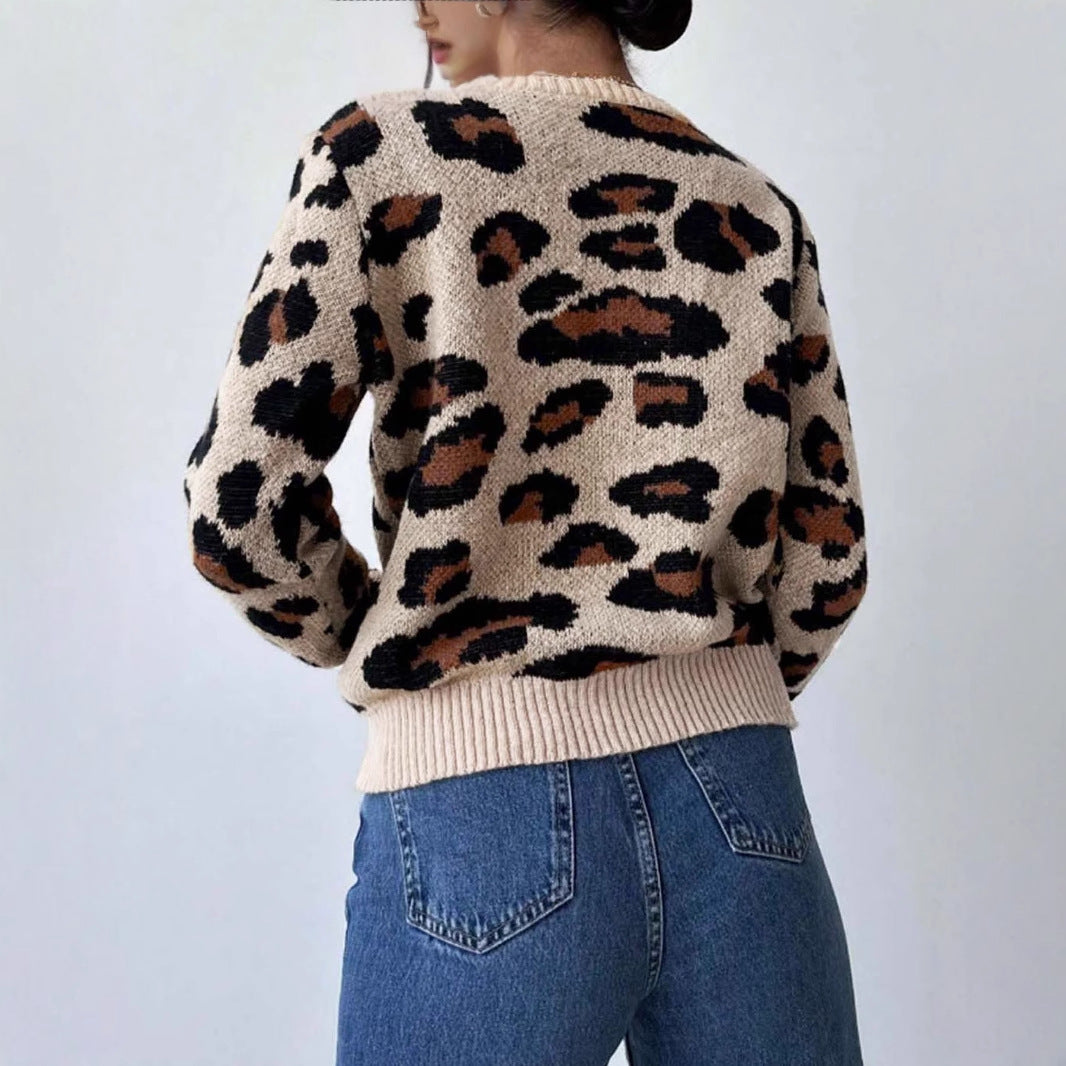 Damen kuscheliger Strickpullover mit Leopardenmuster und überschnittenen Schultern R&B