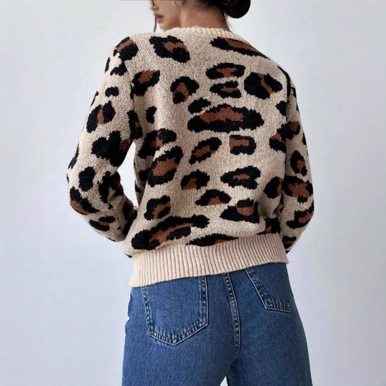 Damen kuscheliger Strickpullover mit Leopardenmuster und überschnittenen Schultern R&B