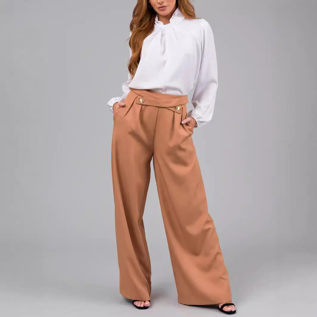 Damen elegante weite Hose mit stylischem Bund und Schaltknopfdetails R&B