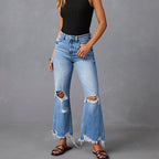 Damen Flared Jeans mit Distressed-Effekten und hohem Bund R&B