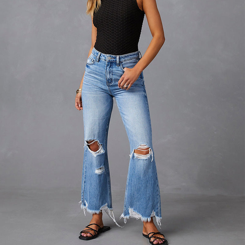 Damen Flared Jeans mit Distressed-Effekten und hohem Bund R&B