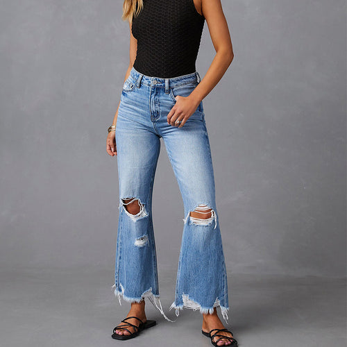 Damen Flared Jeans mit Distressed-Effekten und hohem Bund R&B