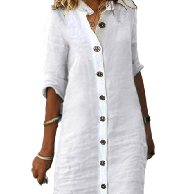 Damen Leinenhemdkleid mit Knopfleiste und umschlagbaren Ärmeln