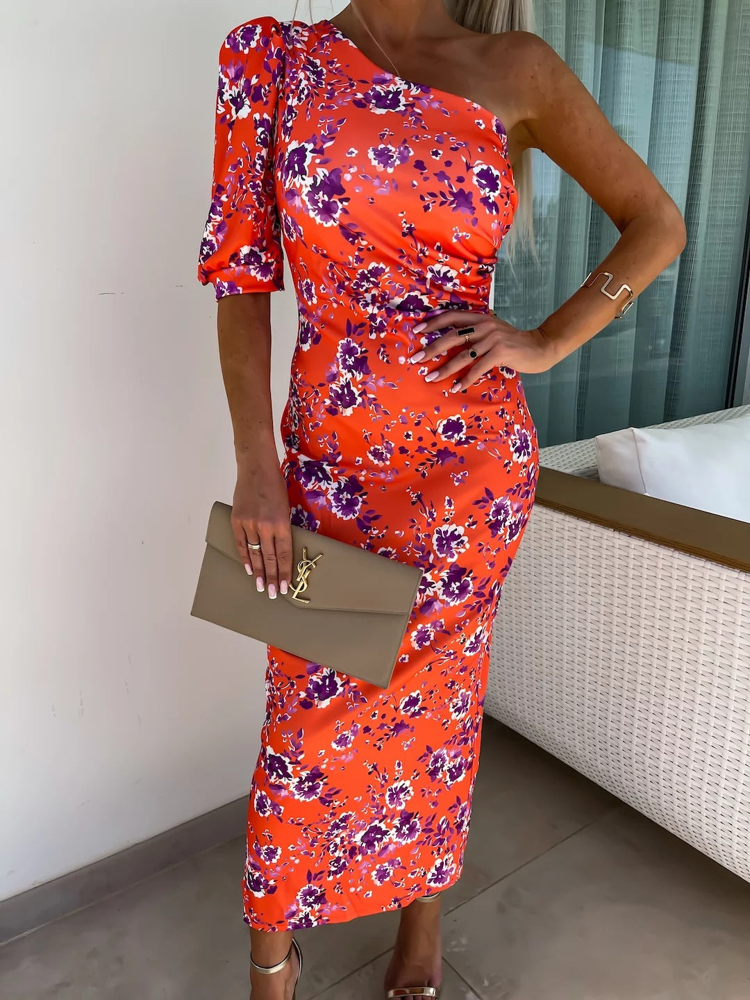 Damen Elegantes Knistern Maxikleid mit asymmetrischem Design und Rüschendetails R&B