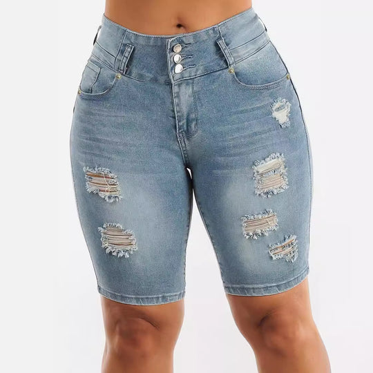 Damen Jeansbermuda mit hohen Bund und Destroyed-Details R&B