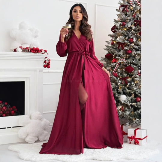 Damen elegantes Maxikleid mit schlanker Silhouette und tailliertem Gürtel R&B