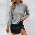 Damen eleganter Pullover mit Perlenapplikationen und hohem Kragen
