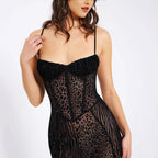 Damen Elegantes Abendkleid aus transparenter Spitze mit Leo-Muster R&B