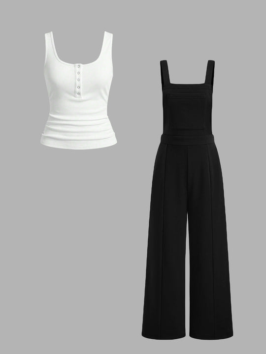 Damen lässiger Tank-Top und weit geschnittenen Latzhose Set R&B