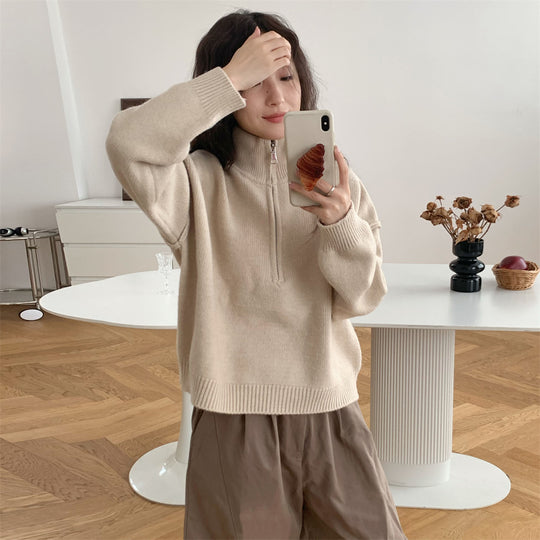 Damen Kurzpullover mit Stehkragen und Reißverschluss R&B