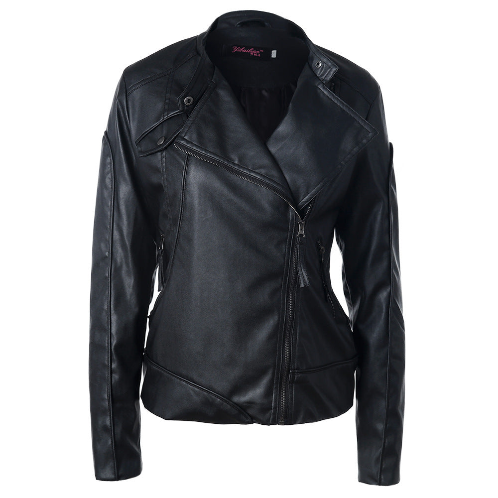 Damen Modische Kunstlederjacke mit asymmetrischem Reißverschluss und Stehkragen R&B
