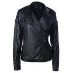 Damen Modische Kunstlederjacke mit asymmetrischem Reißverschluss und Stehkragen