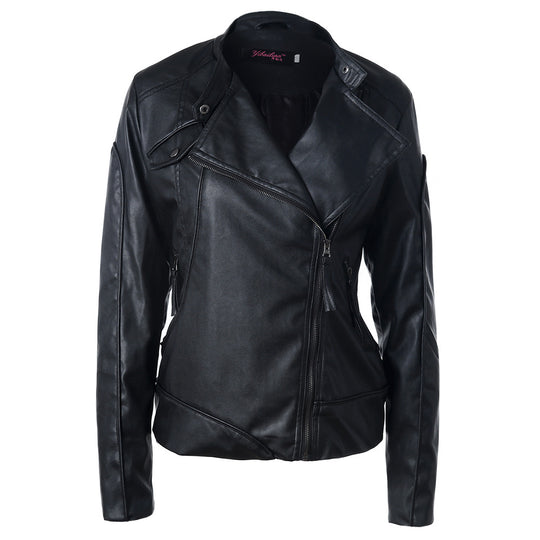 Damen Modische Kunstlederjacke mit asymmetrischem Reißverschluss und Stehkragen R&B