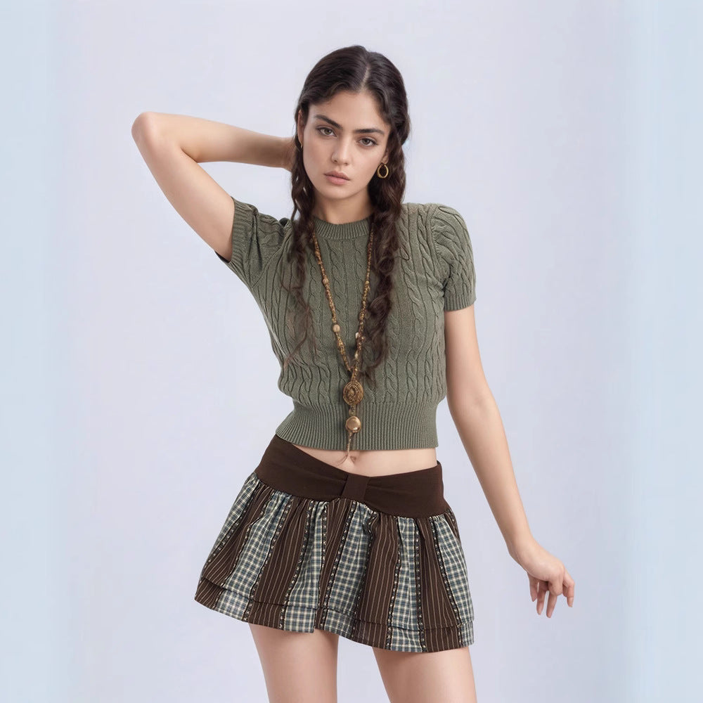 Damen Kurzarm Strickoberteil mit Kabelmuster R&B