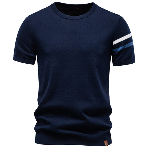 Herren nan feines Baumwollstrickshirt mit Rundhalsausschnitt kurzärmelig und kontrastierenden Ärmelstreifen R&B