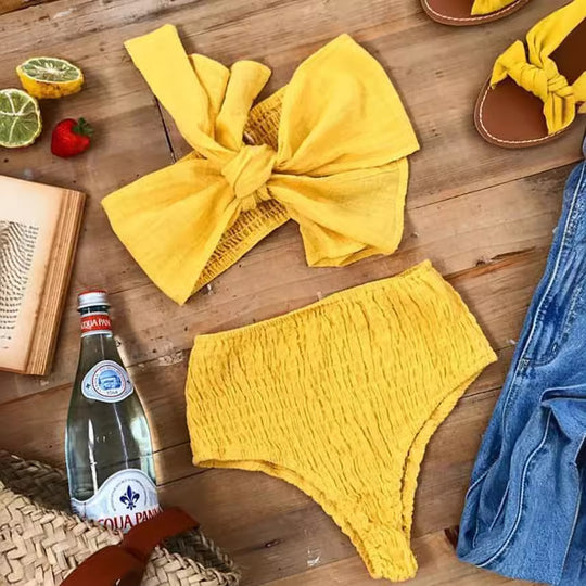 Damen Bandeau-Bikini mit strukturierter Textur und breitem Schleifen-Design R&B