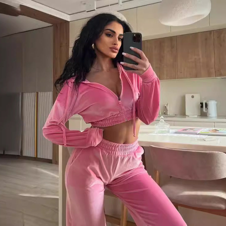 Damen Freizeit-Loungewear-Set mit cropped Oberteil und weitem Hosenbereich R&B