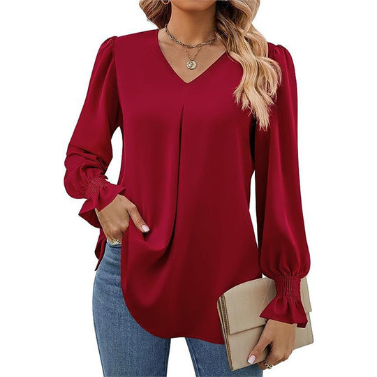 Damen fließende V-Ausschnitt Bluse mit eleganten Puffärmeln R&B