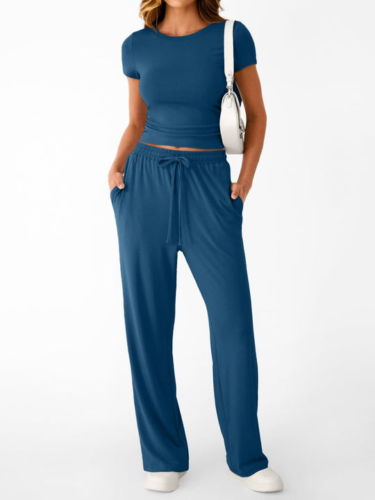 Damen lässiger Freizeitanzug mit kurzen Ärmel und weiten Hosen R&B
