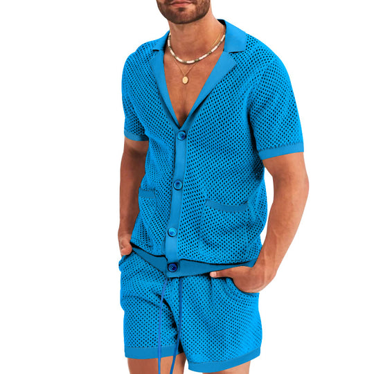 Herren nan offener Netzstrick-Cardigan mit passenden Kordelzug-Shorts R&B