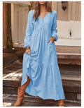 Damen nan luftiges Maxikleid mit V-Ausschnitt, Langarm und Eingrifftaschen R&B