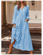 Damen nan luftiges Maxikleid mit V-Ausschnitt, Langarm und Eingrifftaschen R&B