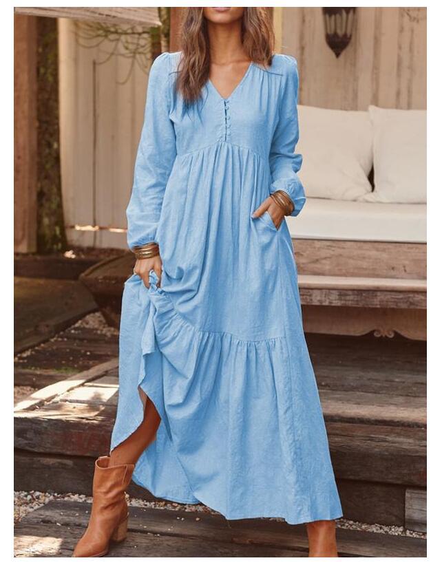 Damen nan luftiges Maxikleid mit V-Ausschnitt, Langarm und Eingrifftaschen R&B