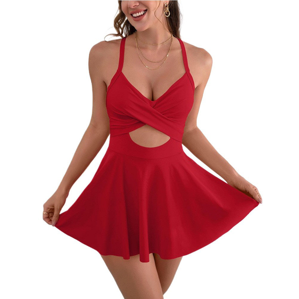 Damen Einteiliger Badeanzug mit Wickelrock und trendy Cut-Out R&B