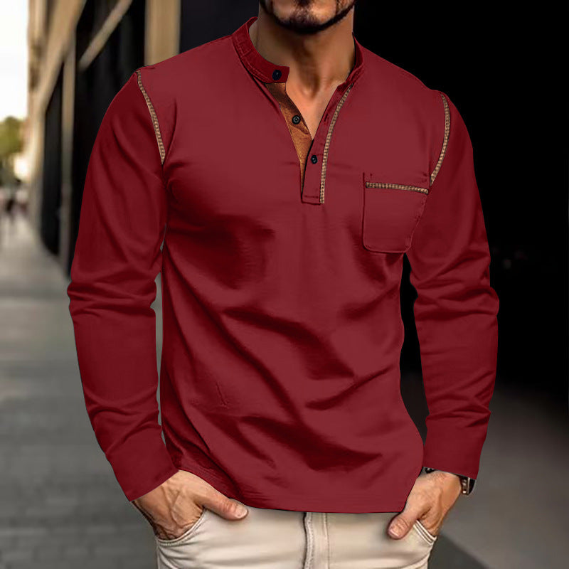 Herren Langarm-Henley-Shirt mit modernem Kragen und praktischer Brusttasche R&B