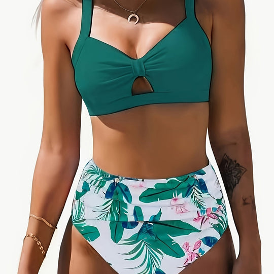 Damen Bikini-Set mit floralem Hochbund und modischem Knoten R&B