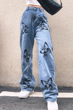 Damen Weit geschnittene Jeans mit kreativem Schmetterlingsdruck R&B