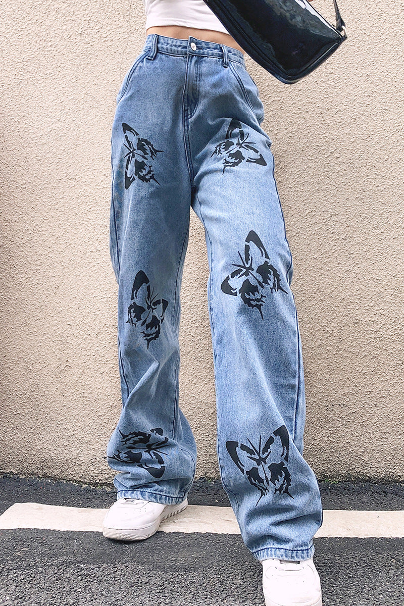 Damen Weit geschnittene Jeans mit kreativem Schmetterlingsdruck R&B