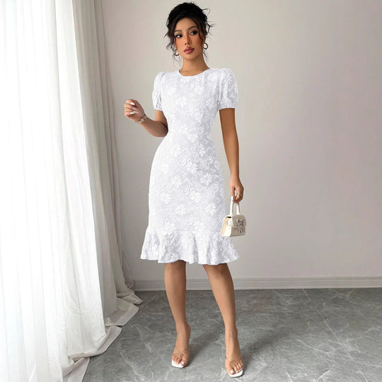 Damen Blumenspitze Midi-Kleid mit Rüschensaum R&B