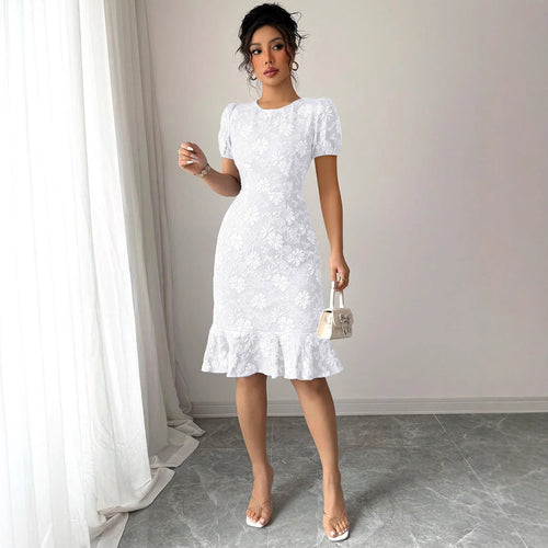Damen Blumenspitze Midi-Kleid mit Rüschensaum R&B