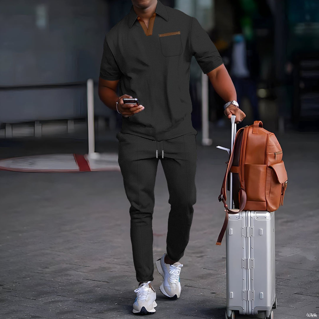 Herren nan lässiges Freizeitset aus elastischem Jersey mit V-Ausschnitt Brusttasche und Kordelbund R&B