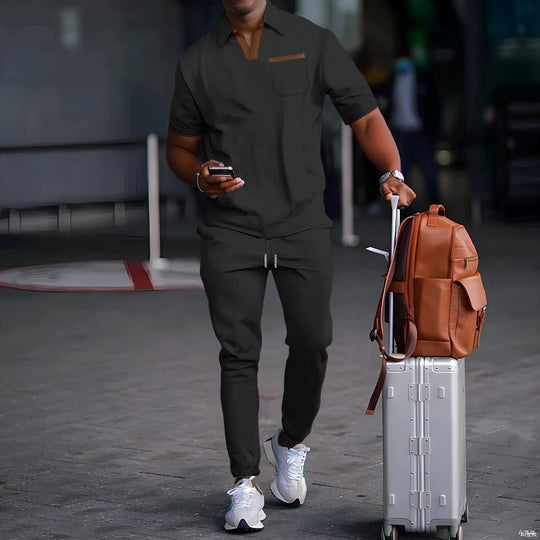 Herren nan lässiges Freizeitset aus elastischem Jersey mit V-Ausschnitt Brusttasche und Kordelbund R&B