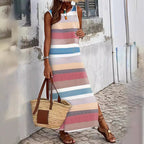 Damen Maxikleid mit modischem Streifenmuster und schickem Schlitz R&B