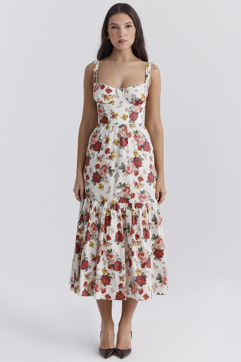 Damen Floral Maxikleid mit schulterfreiem Design und voluminösem Rock R&B