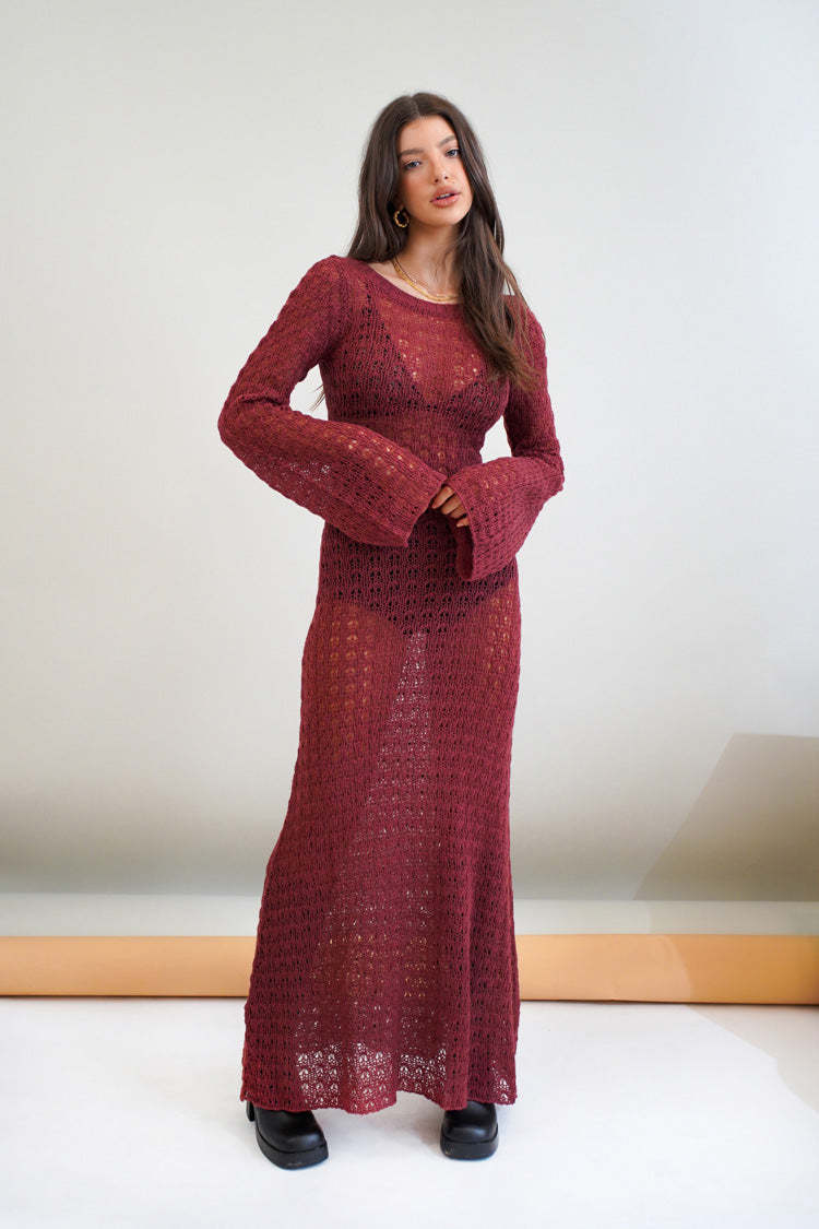 Damen Transparente Maxikleid mit strukturiertem Häkelmuster R&B