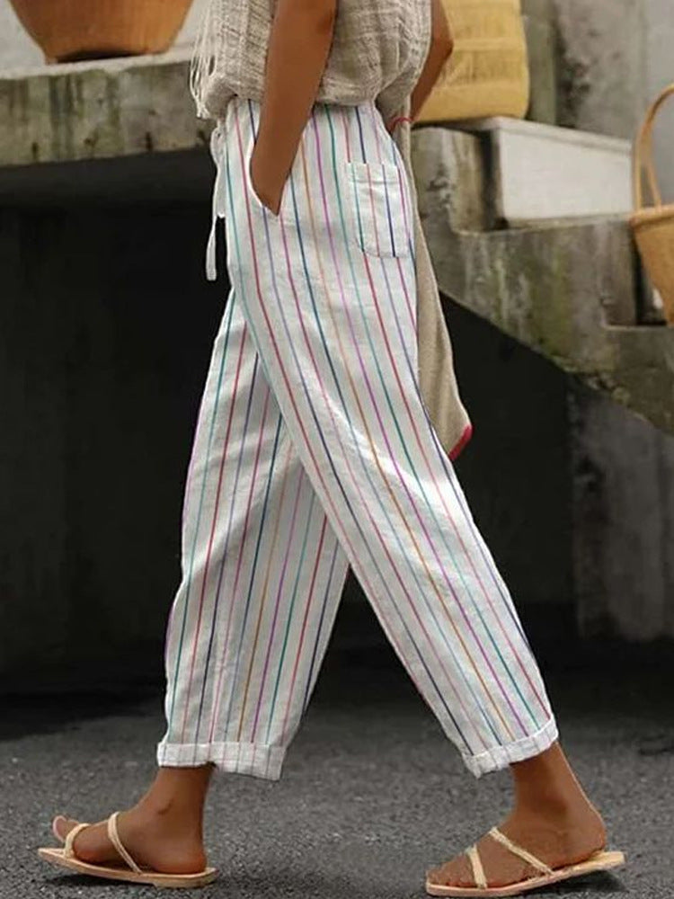 Damen Weite Leinenhose mit handgewebtem Muster R&B