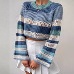 Damen luftiger, gestreifter Strickpullover mit weitem Schnitt R&B