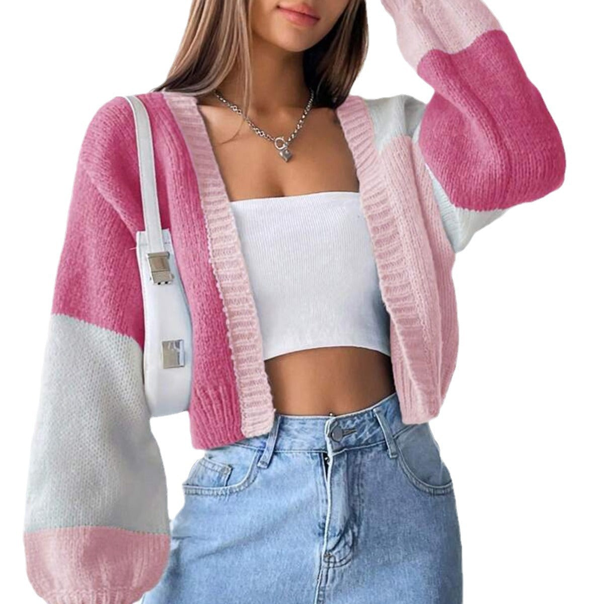 Damen Modischer Strickcardigan im Color-Block Design R&B