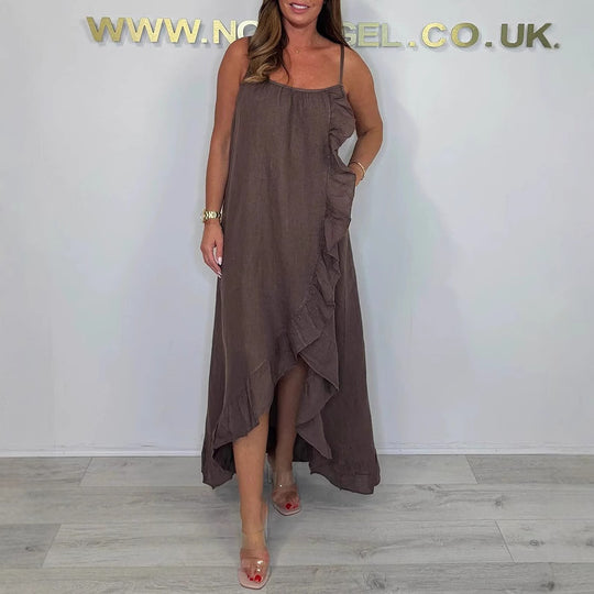 Damen Langarm Maxikleid mit asymmetrischem Saum und Rüsche R&B