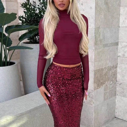 Damen Glamouröses Pailletten-Maxi-Rockkleid mit figurbetontem Oberteil und elegantem Schnitt R&B