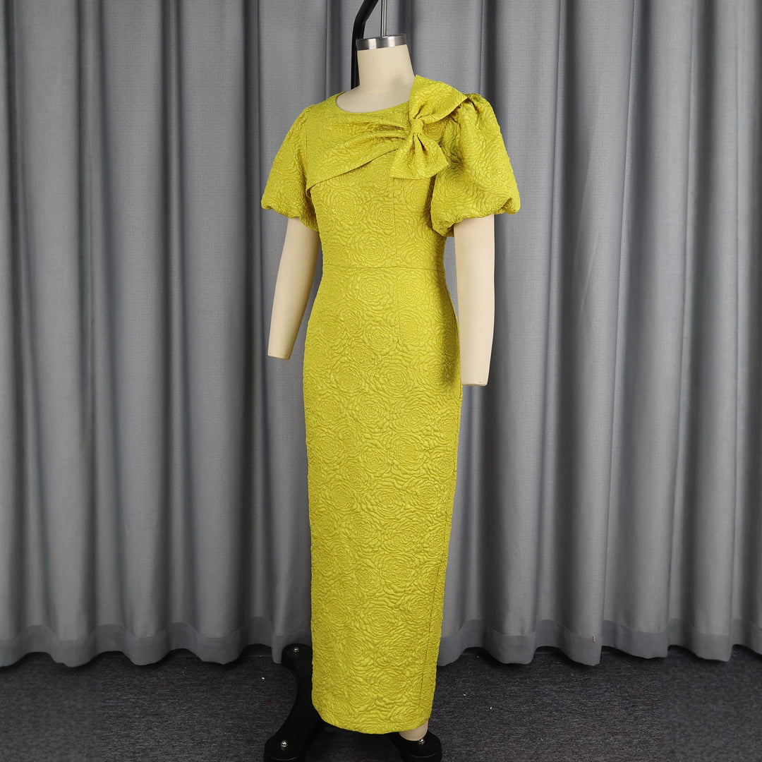Damen figurumschmeichelndes Maxikleid mit Puffärmeln und Schleifen-Detail R&B