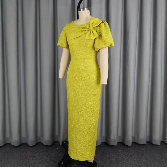 Damen figurumschmeichelndes Maxikleid mit Puffärmeln und Schleifen-Detail R&B
